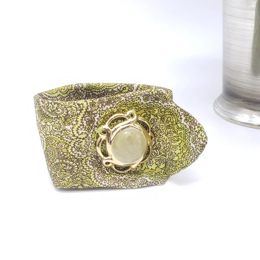 Vintage Handmade 100% Floral Silk & Metallic Green Medallion Bracelet
